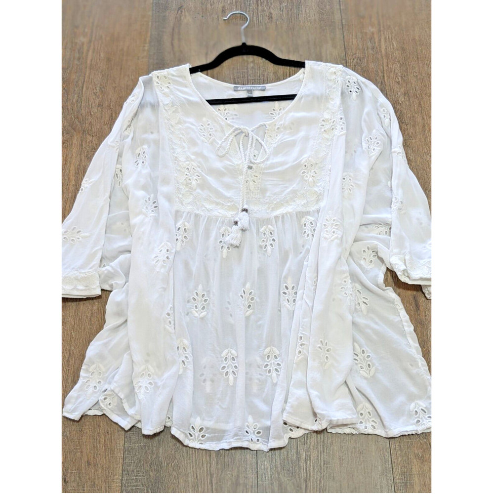 Daniel Rainn Kimono Top Womens XL White Short Sleeve Crochet Tassel Tie BOHO‎
